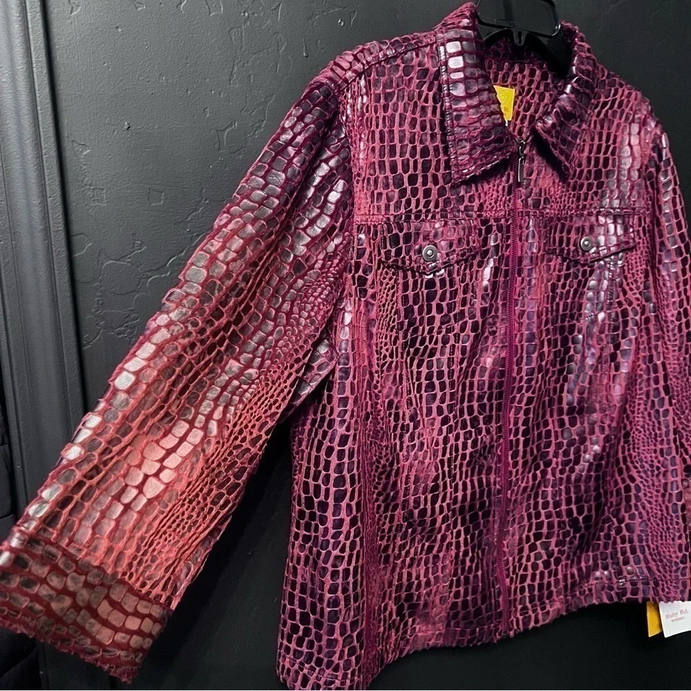 NWT Ruby Rd Woman Sz 20 W Full Zip Maroon Black Gator Jacket 3/4 Sleeve Collared